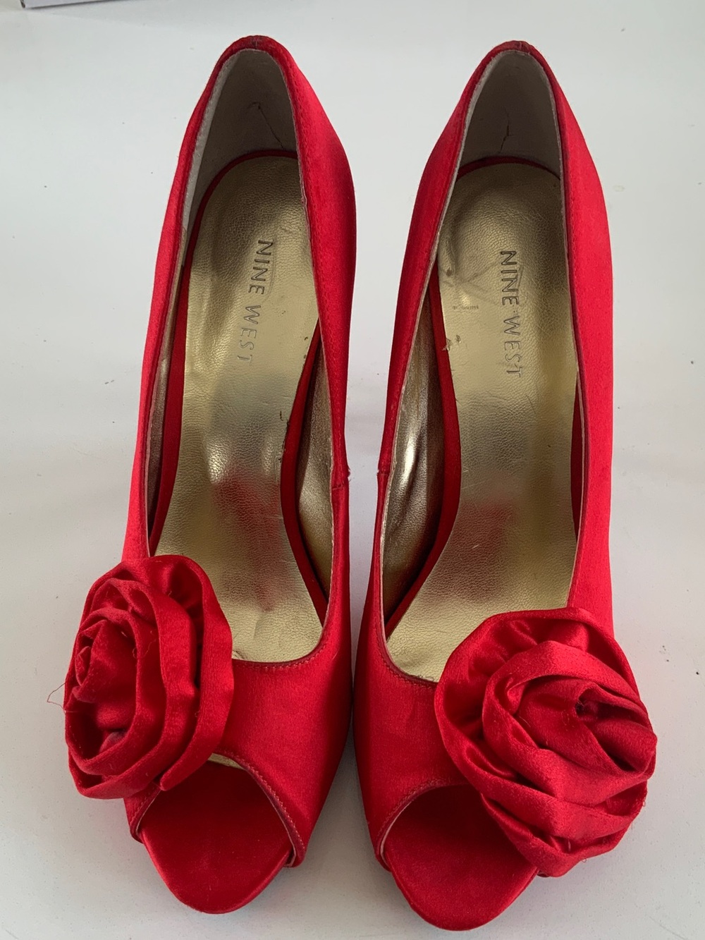 Nine West Red Satin Peep-Toe Heels with Rosette Accent